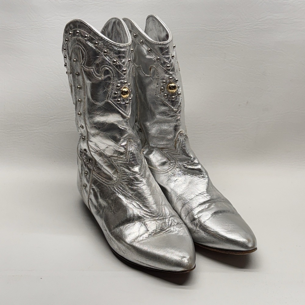 Zodiac Cowboy Boots Women 7M Silver Metallic‎ Studded Westerncore Space Cowboy